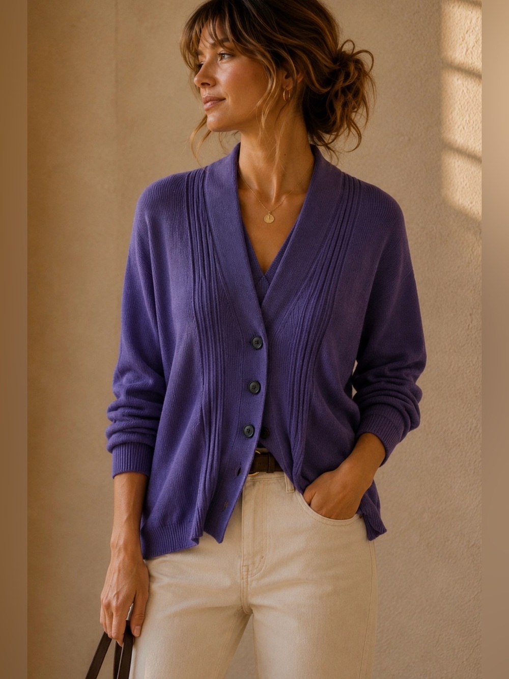 Unique! CAbi Purple Rib-Knit Button Front Cardigan